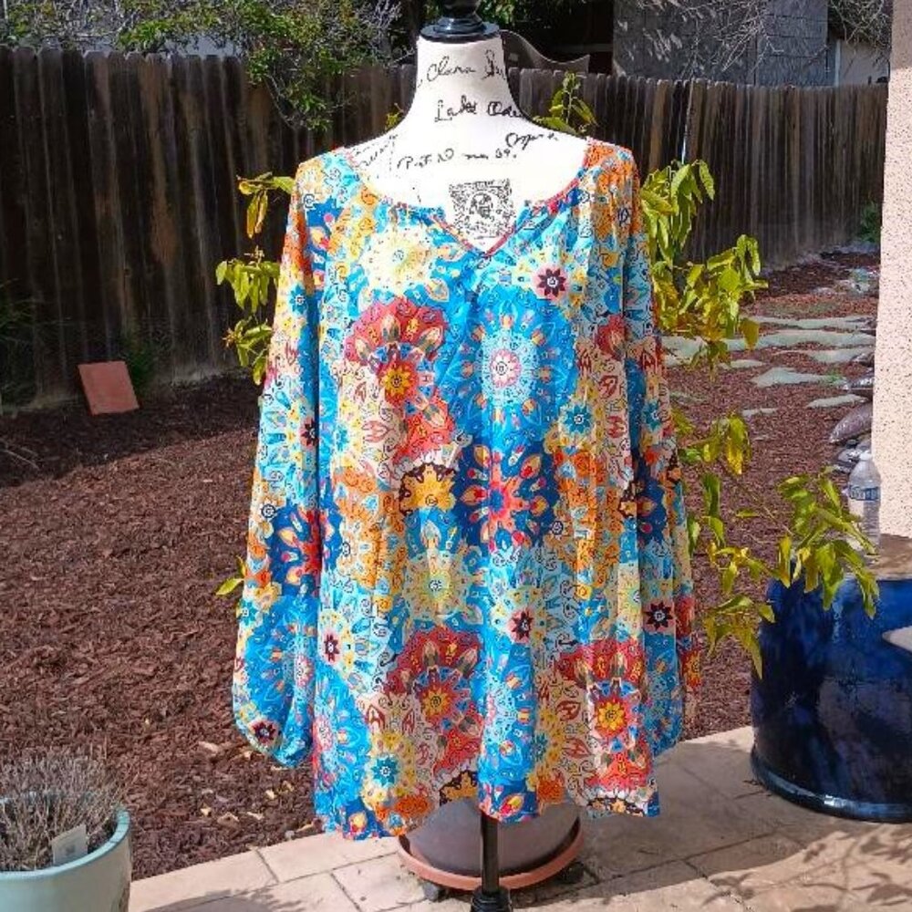 Colorful Mandala Floral Peasant Top Blouse 2X Light Airy Long Sleeve